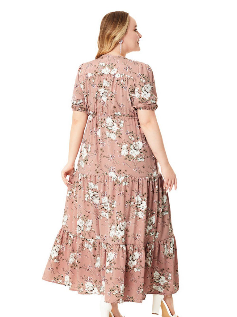 [Plus Size] Rosa 1950s V-Ausschnitt Floral Maxi Kleid