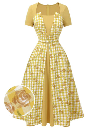 Gelbes 1950er Karo Rosen Pane Raglankleid